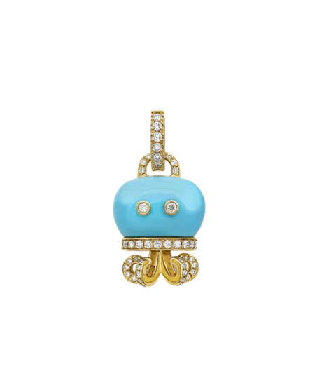 Medium Chantecler Campanelle Octopus Pendant in Yellow Gold with Diamonds and Turquoise