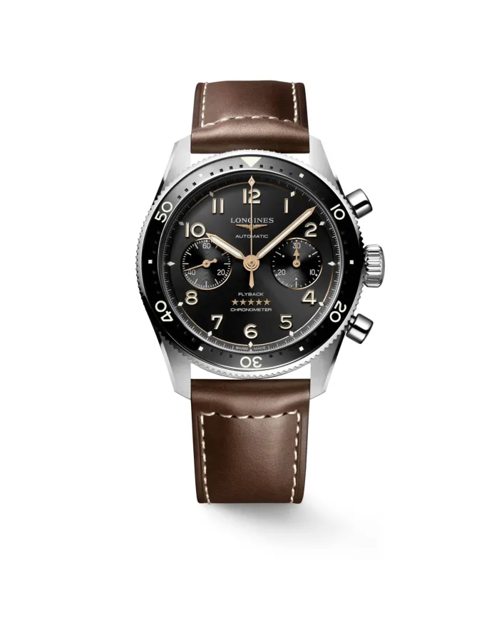 Chronographe Longines Spirit Flyback avec cadran noir et bracelet en cuir