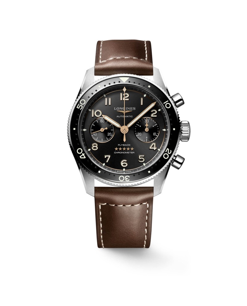 Cronografo Longines Spirit Flyback con Quadrante Nero e Cinturino in Pelle