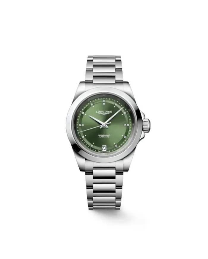 Longines Conquest Watch with Green Dial with Diamonds and Steel Bracelet