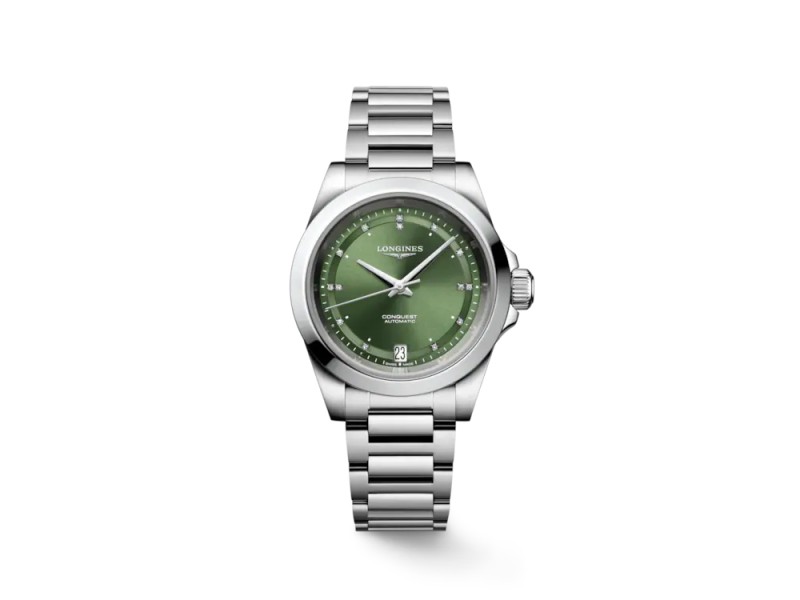 Longines Conquest Watch with Green Dial with Diamonds and Steel Bracelet