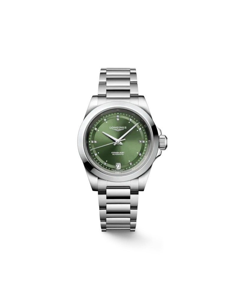 Montre Longines Conquest avec cadran vert avec diamants et bracelet en acier