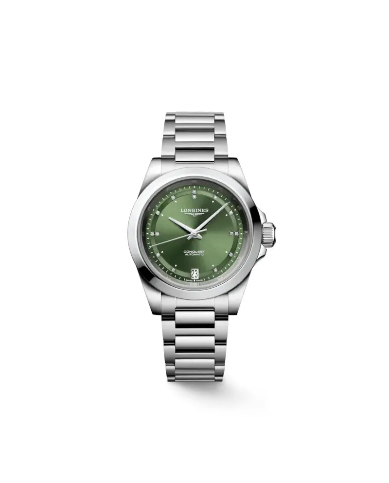 Orologio Longines Conquest con Quadrante Verde con Diamanti e Cinturino in Acciaio