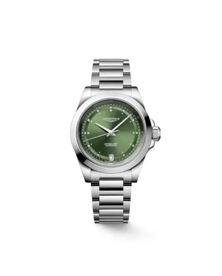 Orologio Longines Conquest con Quadrante Verde con Diamanti e Cinturino in Acciaio