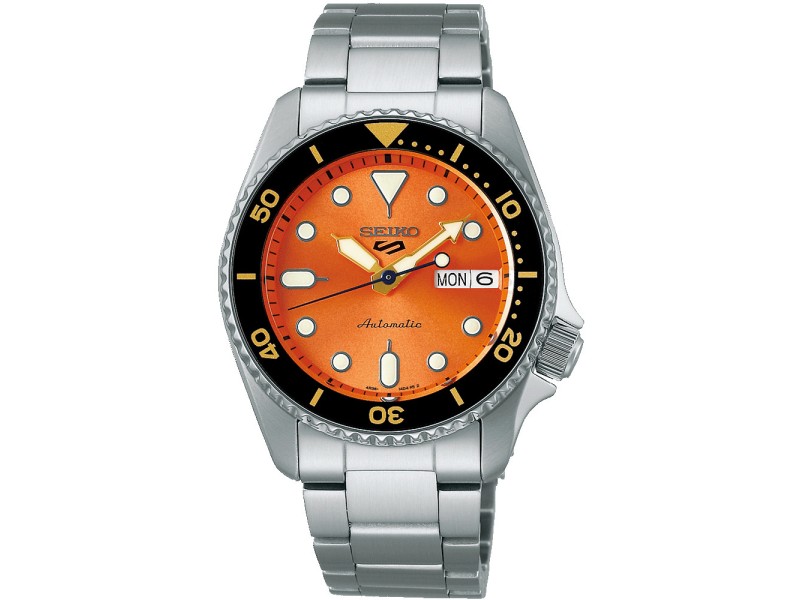 Seiko 5 Sport Watch Orange Dial Steel Bracelet
