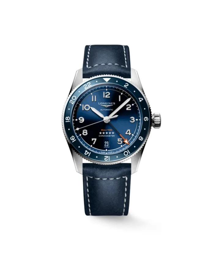Longines Spirit Zulu Time 39 mm Watch with Blue Dial and Leather Strap