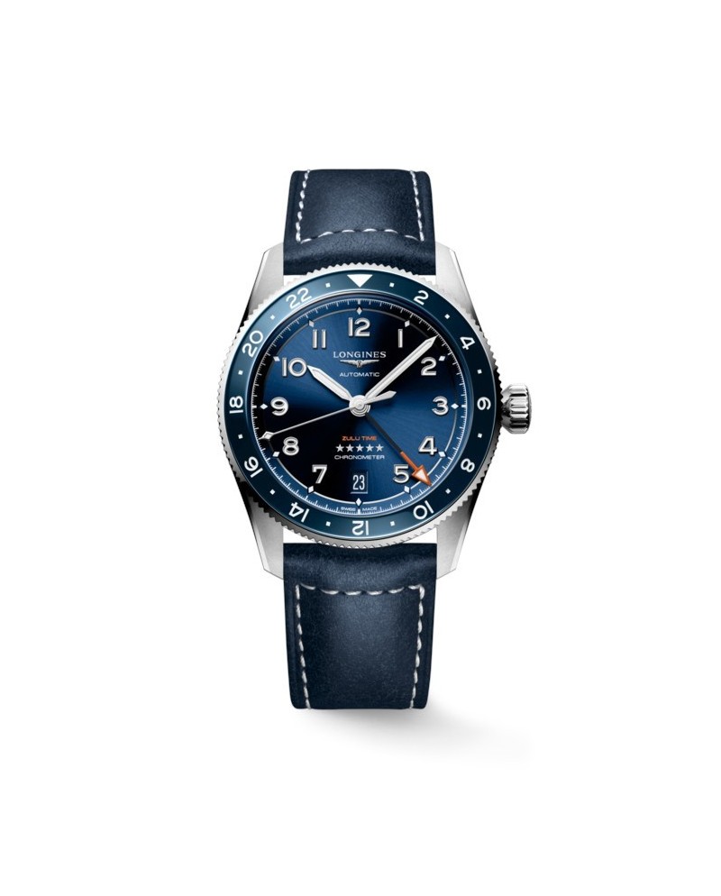 Montre Longines Spirit Zulu Time 39 mm avec cadran bleu et bracelet en cuir