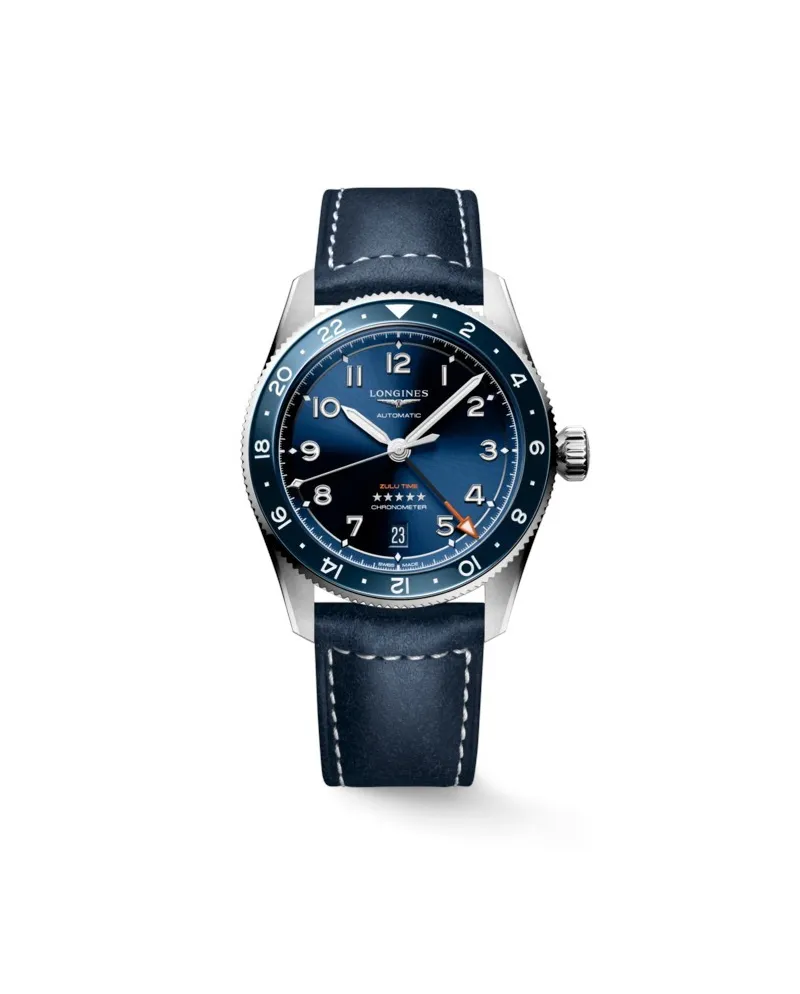 Orologio Longines Spirit Zulu Time 39 mm con Quadrante Blu e Cinturino in Pelle