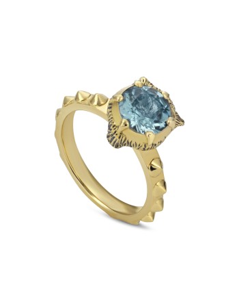 Gucci Le Marché des Merveilles Yellow Gold Ring with Aquamarine and Diamonds with Feline Head