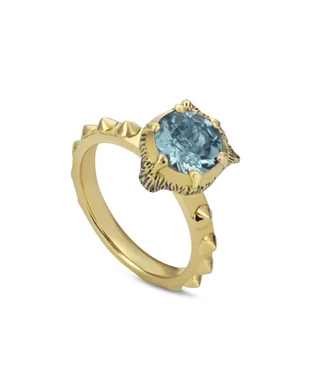 Anello Gucci Le Marché des Merveilles in Oro Giallo, con Acquamarina e Diamanti con testa di Felino