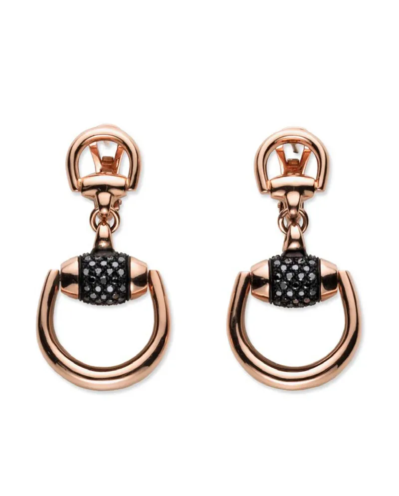 Boucles d'oreilles pendantes en or rose avec mors, diamants noirs et corindon noir
