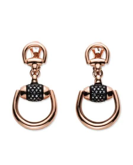 Boucles d'oreilles pendantes en or rose avec mors, diamants noirs et corindon noir