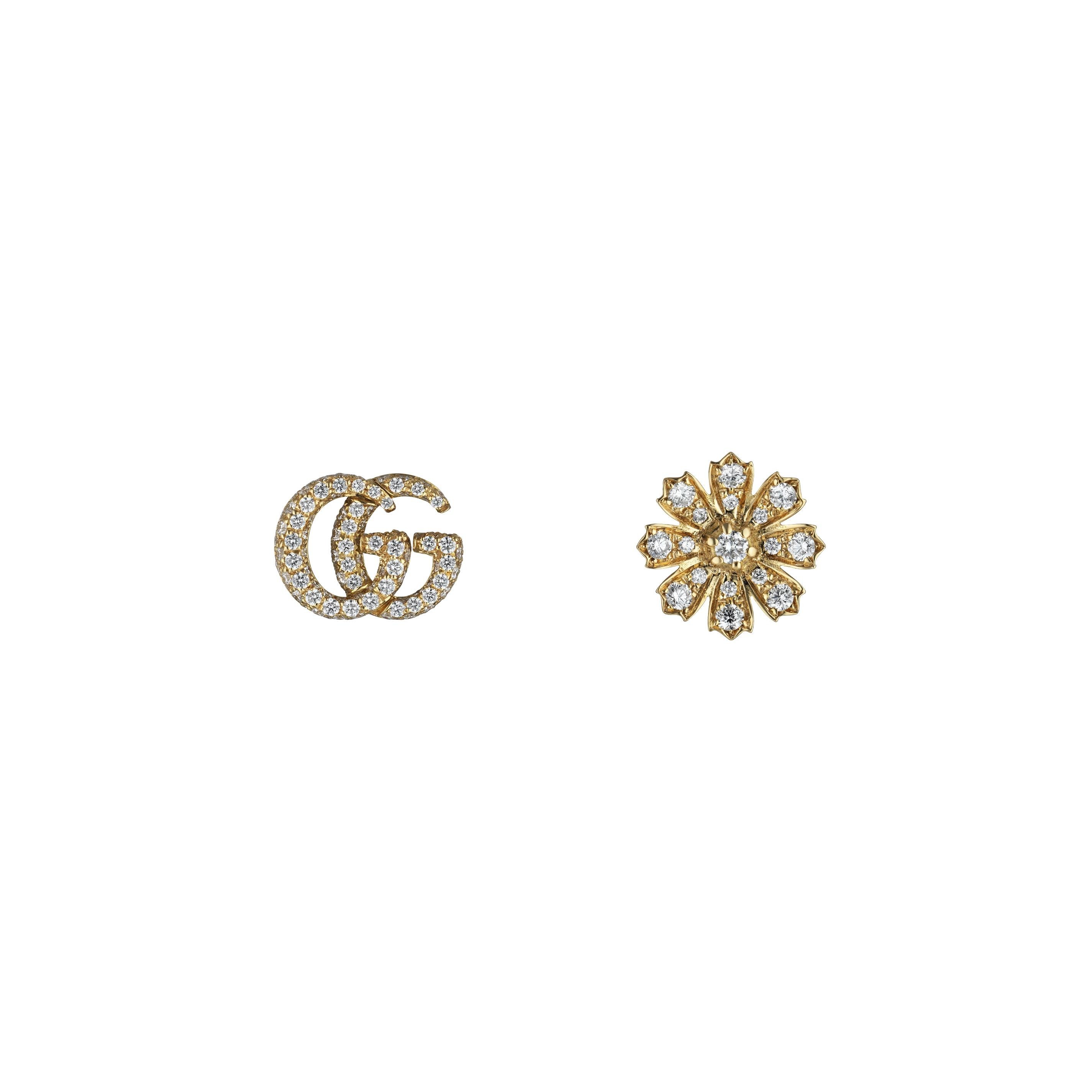 Gucci Flora Double G Earrings in Yellow Gold with Diamonds and Pearls