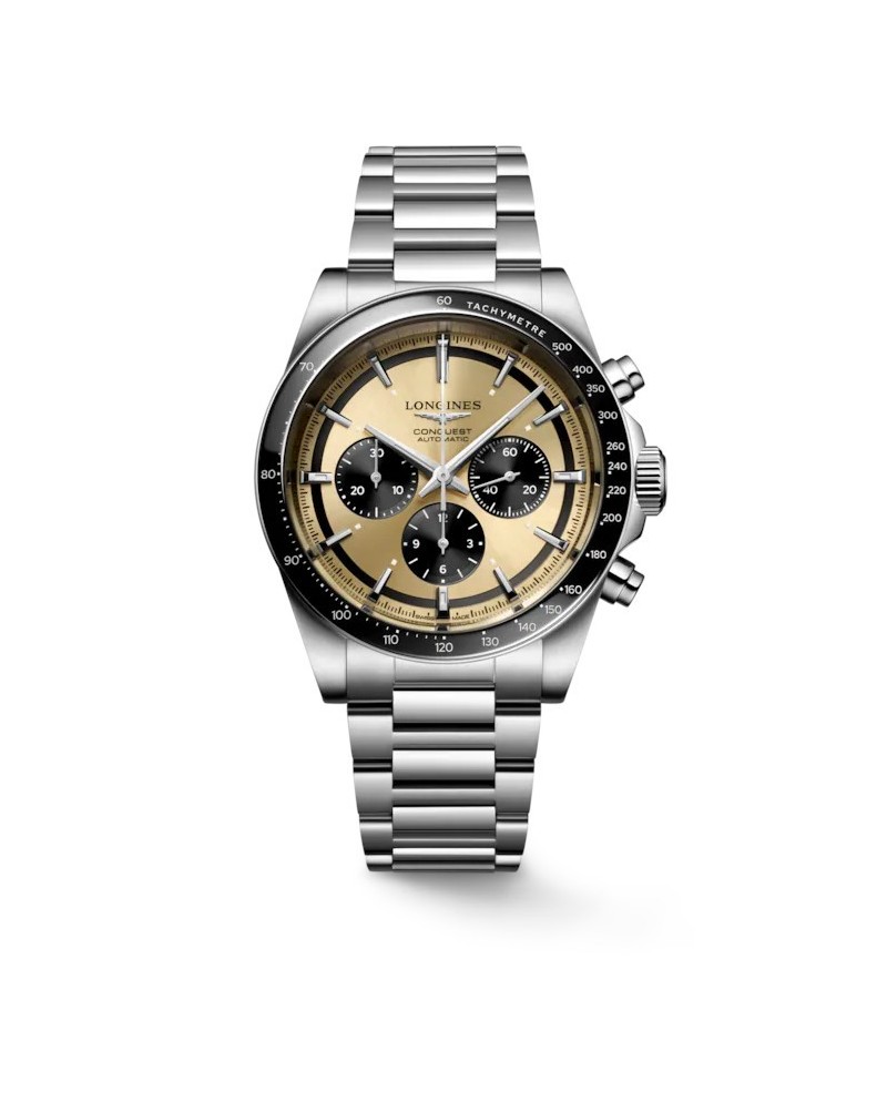 Longines Conquest Chronograph with Gold Dial and Steel Strap