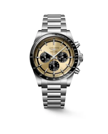 Longines Conquest Chronograph with Gold Dial and Steel Strap