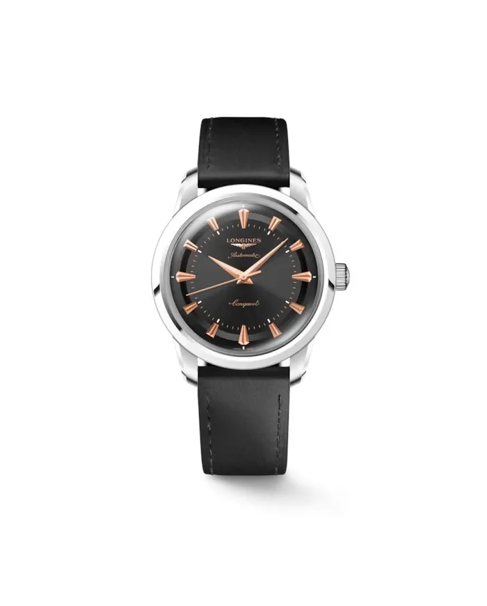 Longines Conquest Heritage Watch with Black Dial and Leather Strap