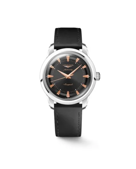 Longines Conquest Heritage Watch with Black Dial and Leather Strap