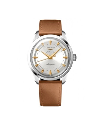 Montre Longines Conquest Heritage avec cadran argenté et bracelet en cuir