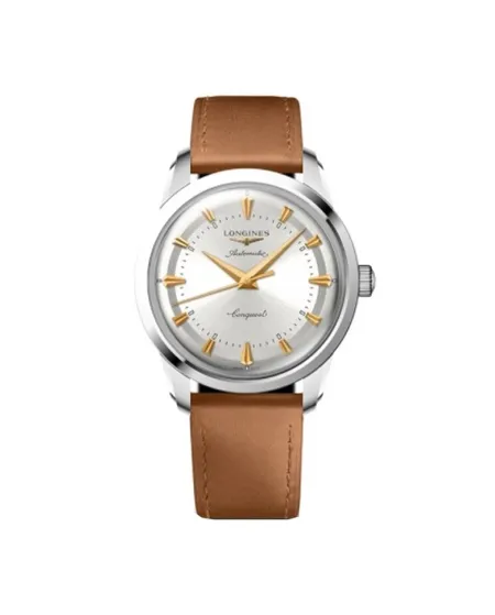 Montre Longines Conquest Heritage avec cadran argenté et bracelet en cuir