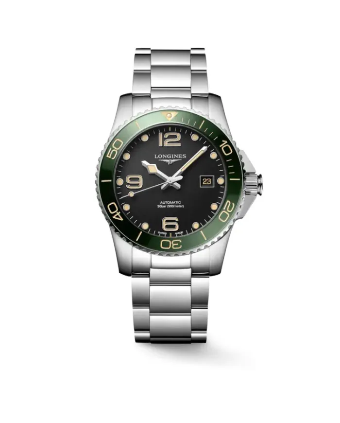 Longines HydroConquest watch with black dial and 41 mm steel strap