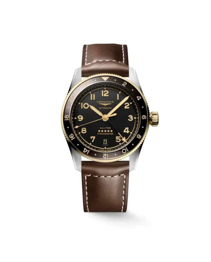 Longines Spirit Zulu Time 39 mm watch with Black Dial and Leather Strap