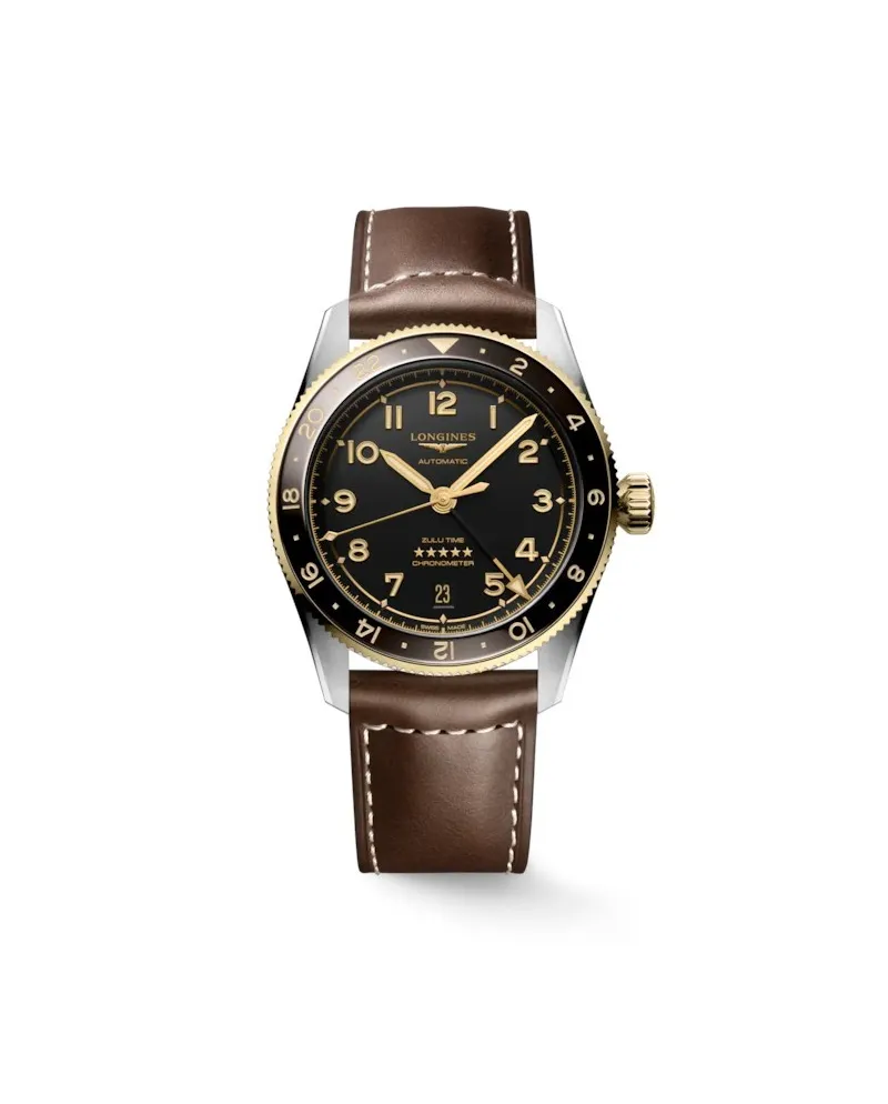 Longines Spirit Zulu Time 39 mm watch with Black Dial and Leather Strap