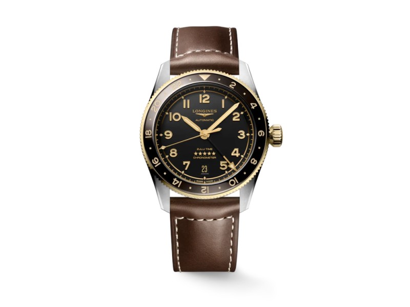 Montre Longines Spirit Zulu Time 39 mm avec cadran noir et bracelet en cuir