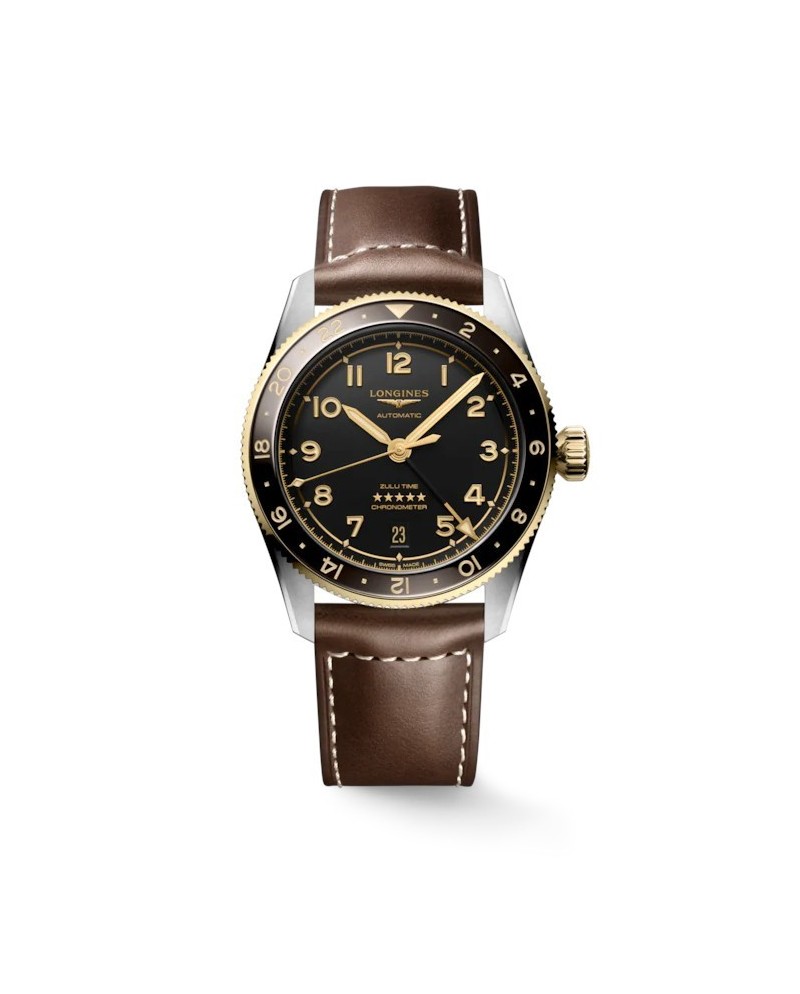 Orologio Longines Spirit Zulu Time 39 mm con Quadrante Nero e Cinturino in Pelle