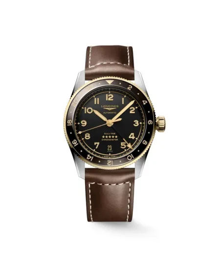 Montre Longines Spirit Zulu Time 39 mm avec cadran noir et bracelet en cuir