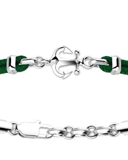 Zancan Regata Men's Bracelet in Silver with Anchor and Dark Green Cord