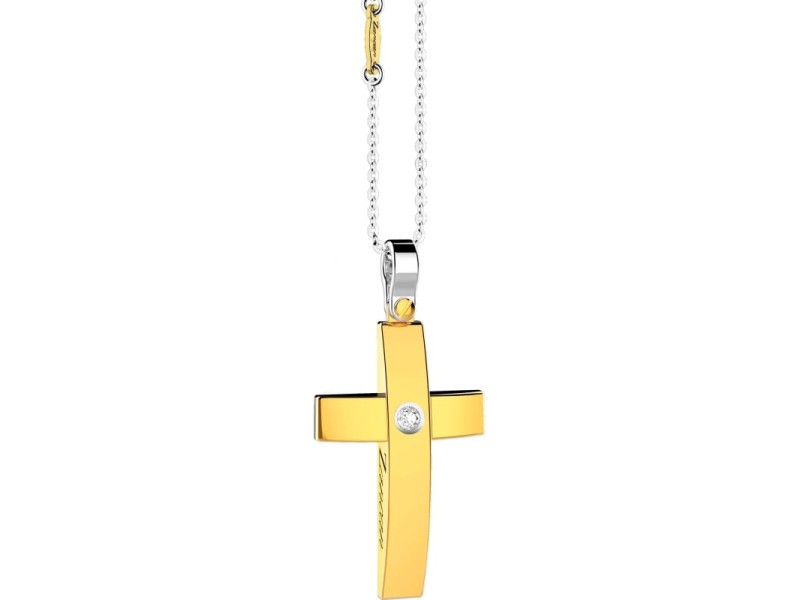 Zancan Men's Necklace in White Gold with Cross in Yellow Gold with Diamond