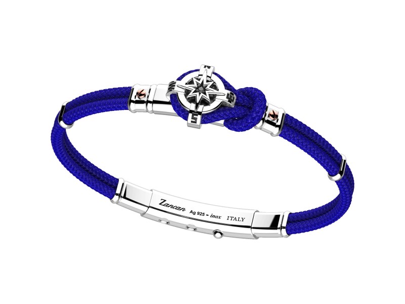 Zancan Regata Men's Bracelet in Silver and Rose Gold with Black Spinels and Blue Cord