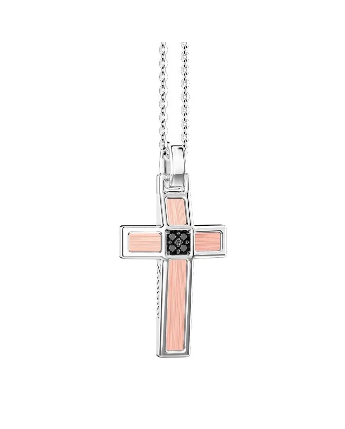 Zancan Insignia 925 Men's Necklace in Silver and Gold with Cross Pendant and Black Diamonds