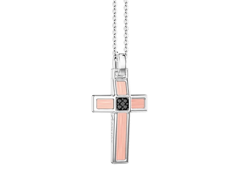 Zancan Insignia 925 Men's Necklace in Silver and Gold with Cross Pendant and Black Diamonds