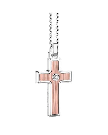 Zancan Insignia 925 Men's Necklace in Silver and Gold with Cross Pendant and White Diamond