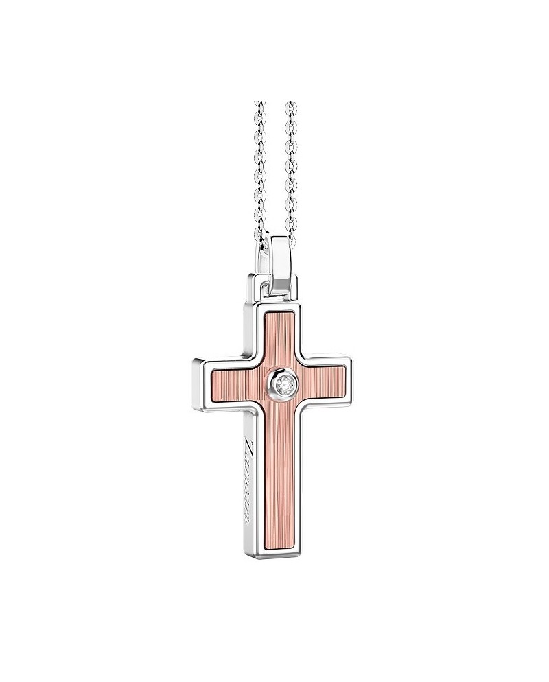 Zancan Insignia 925 Men's Necklace in Silver and Gold with Cross Pendant and White Diamond