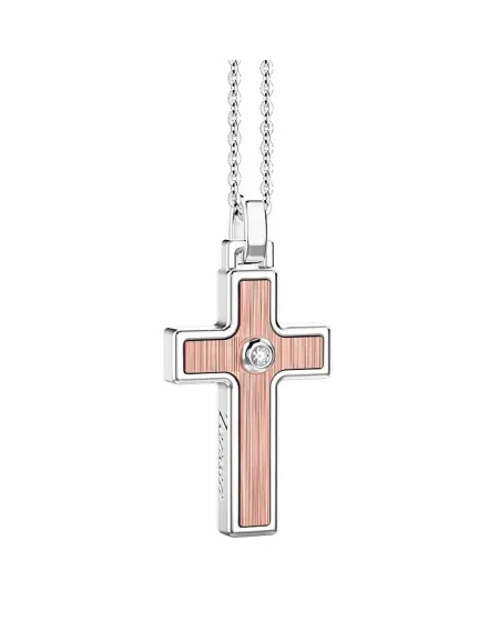 Collana da Uomo Zancan Insignia 925 in Argento e Oro con Pendente a Croce e Diamante Bianco