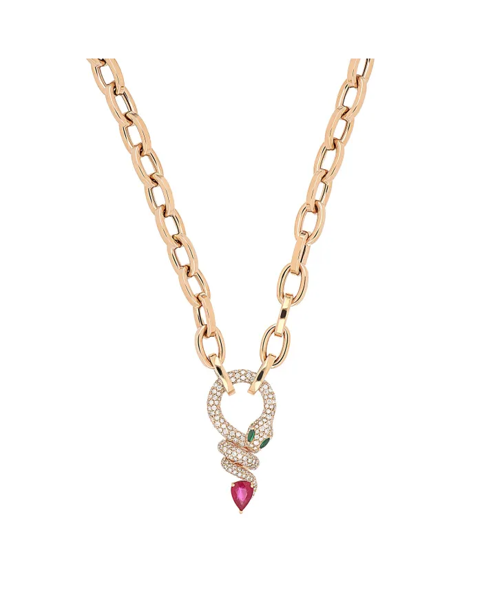 Crivelli Groumette Choker in Rose Gold and Snake Pendant with Diamonds, Emeralds and Sapphire
