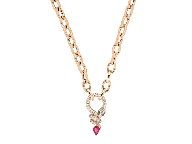 Crivelli Groumette Choker in Rose Gold and Snake Pendant with Emeralds and Sapphire