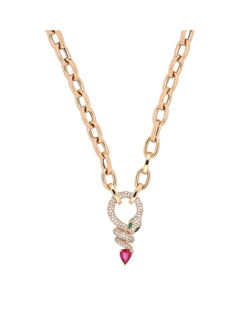 Crivelli Groumette Choker in Rose Gold and Snake Pendant with Diamonds, Emeralds and Sapphire