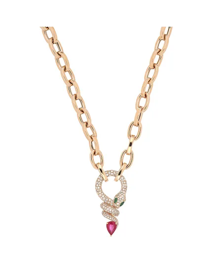Crivelli Tour de cou Groumette en or rose et pendentif serpent avec diamants, émeraudes et saphir