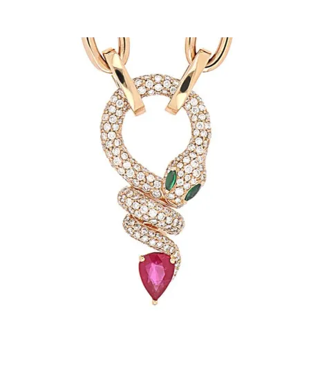 Girocollo Crivelli Groumette in Oro Rosa e Pendente Serpente con Diamanti, Smeraldi e Zaffiro