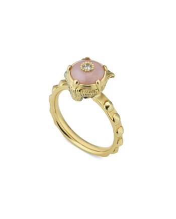 Gucci Le Marché des Merveilles Ring in Yellow Gold, with Pink Opal and Diamonds with a Feline Head