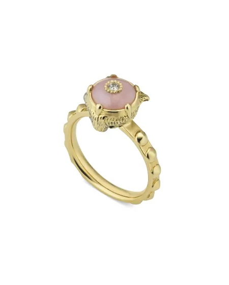 Anello Gucci Le Marché des Merveilles in Oro Giallo, con Opale Rosa e Diamanti con testa di Felino