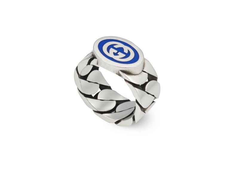 Gucci Interlocking G Ring in Silver with Blue Enamel