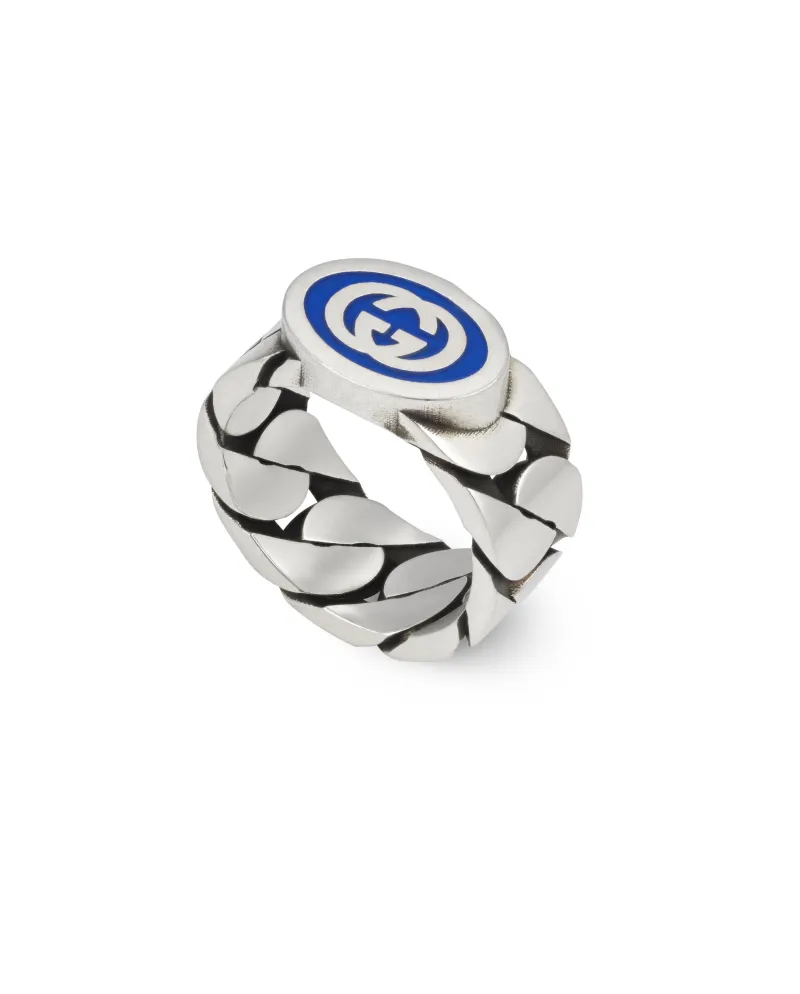 Gucci Interlocking G Ring in Silver with Blue Enamel
