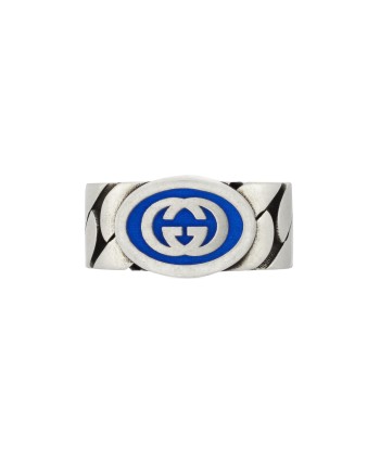 Bague Gucci entrelacée G en argent avec émail bleu