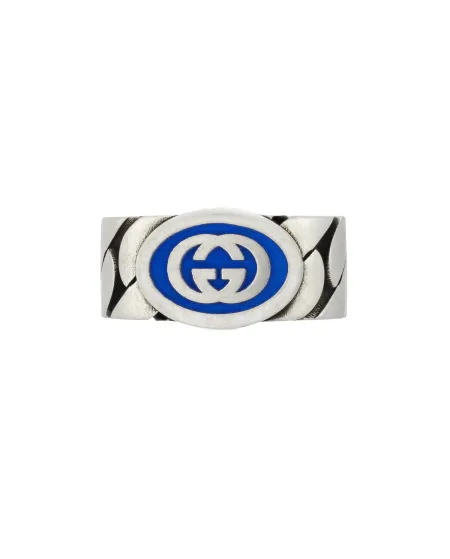 Gucci Interlocking G Ring in Silver with Blue Enamel