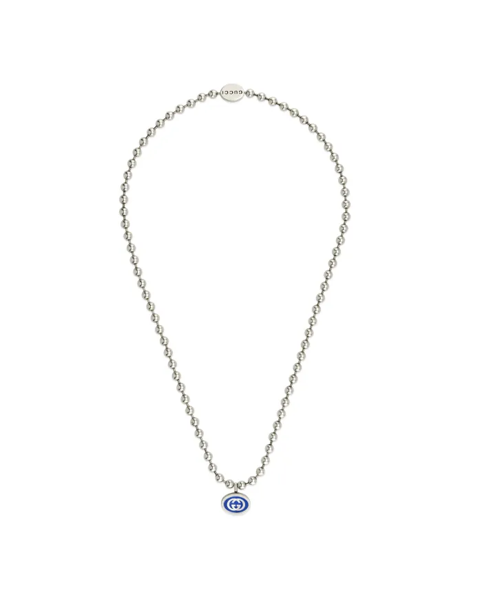 Collana Gucci Interlocking G in Argento con Catena Boule Smaltato Blu