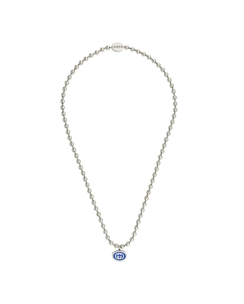 Collier Gucci entrelacé G en argent avec chaîne boule émaillée bleue